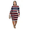 Contrast Color Striped Letter Printed Plus Size Dresses For Women Celebrity Fashion Long Sleeve Bodycon Midi Vestidos Wholesale 210525
