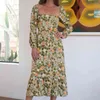 Folhas de limão vintage Imprimir pradaria vestido chique mulheres sexy quadrado pescoço manga comprida uma linha chiffon verão vestido 210430