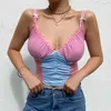 Heyoungirl Verão Patchwork Malha Sexy Crop Top T Camiseta Senhoras Backless Milkmaid sem mangas Top Mulheres V Neck Frill Tshirt Partido Y0508