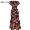 Mode Designer Dress Summer Women's Dress V Neck Cascading Ruffle Ruched Rose Floral Print Paket Hip Klänningar 210524