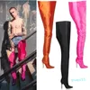 Luxury Silk Runway Shoes Woman Plus Size 35-45 Extreme Long Botas Mujer Sexiga tunna höga klackar Rihanna Crotch midja lår höga stövlar