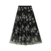 春の夏の長いチュールスカート女性韓国風の刺繍メッシュハイウエスト美屋のMidiプリーツメス210421