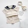 Childrenllothes Japoński Styl Navy Kids Clothes Sailor Collar Bawełniana Linowa Koszulka + Spodnie 2 Sztuk Summer Boys Girls Set 210515