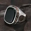 Real Pure Mens Silver S925 Retro Anéis Turco Vintage para Homens com Natural Black Onyx Stones Turquia Jóias