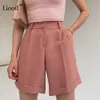 ホワイトスーツショーツ女性ストレートレッグミッドウエストジッパーボタンポケットレディース夏服カジュアル緩いズボン210719