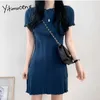 Yitimuceng Vestidos vintage para mulheres de tricô de verão listrado mini vestido coreano moda escritório senhora manga curta sundress 210601