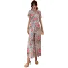 Chiffon two-piece summer women's short top high waist wide leg pants printing suit Office Lady Polyester V-Neck 210416