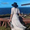 Abito da spiaggia estivo a tunica lunga in pizzo bianco da donna Boho estivo maxi manica corta in cotone 210415