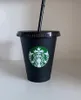 Starbucks 16oz / 473ml أكواب بلاستيكية بهلوان قابلة لإعادة الاستخدام سوداء الشرب مسطح أسفل عمود شكل غطاء القش أكواب bardian مجانية دي إتش إل