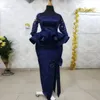 Navy Blue Prom Dress Mermaid 2022 Långärmad Robe de Soirée Mariage Aso Ebi Evening Party Kappor Anpassad storlek