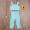 Klädsuppsättningar Wallarenear Toddler Girl's Two Piece Set Ribbed Sticka Vest Solid Färg Flyga Sleeve Toppar Elastiska Midja Byxor 4styles