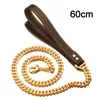 Golden Silver Stainless Steel Chain with Black Leather Dog Leash Cool Training Pet Supplies 210729