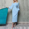 Kobiety Sukienka Rękaw Latarnia Vintage Es Długie Wysokie Talia Slim Cienkie Panie Plus Size ES 210513