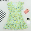 Frauen grün Mode V-Ausschnitt Blumendruck Reißverschluss Minikleid weibliche Schmetterlingshülse Rüschen Vestidos Chic Casual Kleider 210520