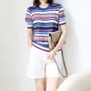 Summer Knitted Striped Top High Quality Women's O-Neck Short Sleeve T Shirt Female Pullover Tops B-120 210522