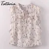 Tataria Loose Floral Printed Chiffon Blouse Women Elegant Ruffles Blouses Shirt Sleeveless Bow Tied Neck Camisas Blusas Tops 210514