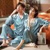 Satin Lace Trim 2PCS Sleepwear Sets Couple Long Sleeve Long Pants Nightwear Suit Women Summer Silk Pajamas Mens Loose Loungewear X0526