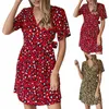 Summer Women Dress Leopard Print Dress 2021 V Neck Lace up Midi Dress Short Sleeve Holiday Party Beach Sundress Women Clothing X0521