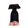 Summer Elegant Women Off Shoulder Short Sleeve Ruffles Patchwork Slim Black Dress Female Party Dresses 210428