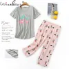 Pyjamas För Kaktus Kaktus Tryckt stickad bomull Sleepwear 2 st Set Plus Size Short Sleeve Lounge Tunna Sommar T13812a 210421