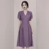Women's Summer Office Lady Slim Elegant Vintage Dress Sexy V Neck Women Puff Sleeve Purple Vestidos 210520