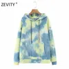 Zevity Women Vintage Krawat Barwiony Drukuj Dorywczo Luźne Kapturem Sweatershirts Panie Z Długim Rękawem Kieszenie Bluzy Chic Pullover Topy H352 210603