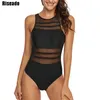 Riseado preto malha maiô mulheres swimwear sexy alto pescoço de banho terno sem costas plus tamanho xxl 210611