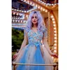 Party Dresses Light Blue V-Neck Midi Prom Klänning Applique Lush Tulle Short Sleeve Allt Pretty Brethday Poshoot