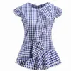 夏のトップスレディースノースリーブ黒い格子縞のブラウスシャツRufflesトリム女性ヴィンテージGingham Blusas Plusサイズレトロペプラム210527