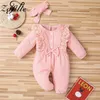 Zafille Baby Girl Romper 8色レースlepewear for Borns服フリル弓弓ジャンプスーツ+ヘッドバンド211101