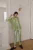 Tie Dye Green Long Sleeve Blouse Women See Through Top Button Up Collar Shirt Fall Fashion Designer Clothes 210427