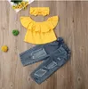 Toddler Baby Girl Sets Clothes Off Shoulder Ruffle Tops Hole Denim Pants Bowknot Headband 3Pcs Outfits Summer