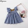 Gooporson Little Girls Sukienki Vestidos Summer Cute Odzież Backless Latający Rękaw Princess Dress Blue Plaid Toddler Kostium Q0716