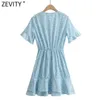 Zevity Frauen Süßes V-Ausschnitt Perlen Blumendruck Fliege Minikleid Femme Chic Schmetterlingshülse beiläufige dünne Rüschen Vestido DS8195 210603