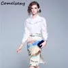 Autumn Women's Fashion Suit White Long Sleeve Embroidered Shirt +Map Print Package Hip Skirt Two-piece Sets Suits 210515