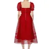 High Quality Design Runway Dress Arrive Summer Red Lace Long Puff Sleeve Fashion Women es Vestidos 210520