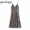 Vintage Animal Print Sexy Sling Dress Femmes Col En V Sans Manches Taille Haute A-ligne Midi Summer Night Out Robe 210514