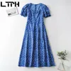 vintage floral print women dress high waist back zipper short sleeve Square collar elegant long dresses Spring 210427