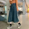 Vintage Denim Skirt Kvinnor Plus Storlek 5xl Koreansk Lång Jeans Skirt Button Pocket Big Hem Casual Loose High Waist A-Line Kjolar 210619