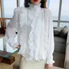 Weiße Rüschen-Chiffon-Langarm-Halbhochkragen-Vintage-Blusenhemden Tops Blusa Faminina Damenhemden 803E 210420