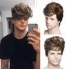 Men Short Curly Synthetic Wig Ombre Grey Brown Wig for Mens Hair Daily Realistic Natural Wigs