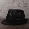 Cappelli a tesa larga Cappello Fedora in pelle da uomo per papà Jazz Boater Flat Top Gentleman Bowler Porkpie Taglia 58CM