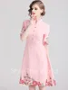 Elegant A-line Pink Flower Embroidery Dress Women Spring Stand Collar Vintage Dresses Big Swing Casual Button Vestidos 210416