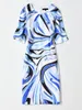 Wave Print Women Sheath Dress Round Neck Short Sleeve Dresses