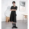 Kontrast Dikiş Siyah Yaz Elbise Lace Up V Boyun Işlemeli Bir Çizgi Uzun Elbise Kadın Avrupa Giyim 210427