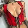 Missakso PU-Leder Patchwork Lace Up Crop Top Sommer Frauen Rot Sexy Bodycon Hollow Out Tank Tops Streetwear Club 210625