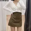 Linne mini kjol khaki highwaist med samlade detaljer på sidorna / en osynlig tillbaka Zip Fastening 210520