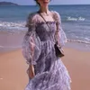 Abiti casual Estate Moda coreana Elegante Midi Long Party Dress Women Square Collar Floral Boho Beach Vacation One Piece Robe Femme