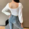 Vit Tshirt Girls Women Crop Tops Vintage Square Collar Low Cut Stretchy Short T-Shirt Lantern Sleeve Sexig Backless T0D306A 210421
