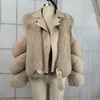 Kvinnor faux päls kappa vinter modemotocykel stil lyxläder med räv päls jackor dam trendiga ytterkläder kort slant lapel hals blixtlås läderfur överrockar överrockar